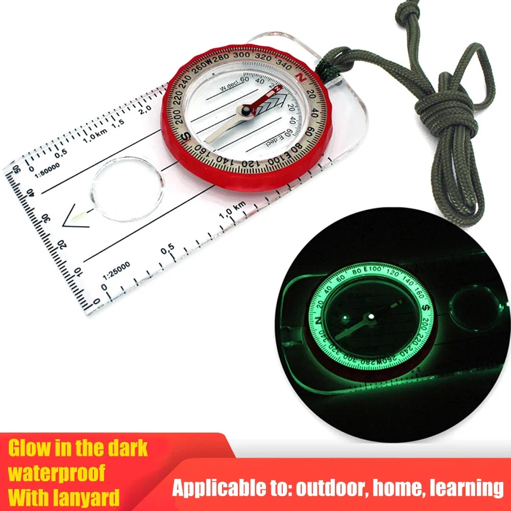 Orienteering Compass Lanyard Waterproof 360-degree Rotating Dial Luminous Display Magnifying Glass Map Scale Camping Compass