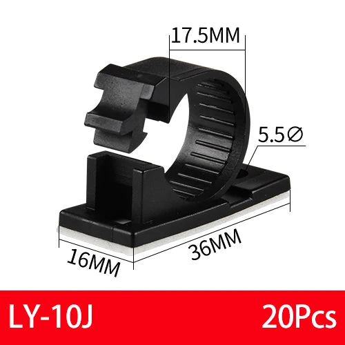 20PCS Self-Adhesive Cable Organizer Clips Management Wire Holder USB Winder Desktop Line Clamp Sticky Adjustable LY-4/6/8 Black