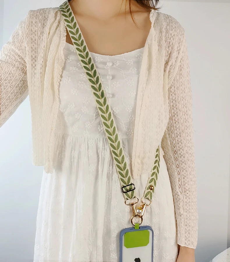 Adjustable Crossbody Long Mobile Phone Lanyard Wide Cloth Neckband Strap Rope Women's Pearl Hanging Ornaments Anti-Lost Lanyard