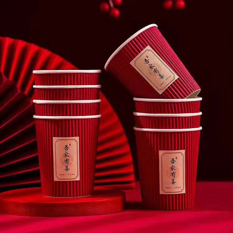 40/60 Pcs Chinese Style Wedding Red Cup Disposable Thicken Chinese Red Wedding Banquet Paper Cup Party Decor Supplies