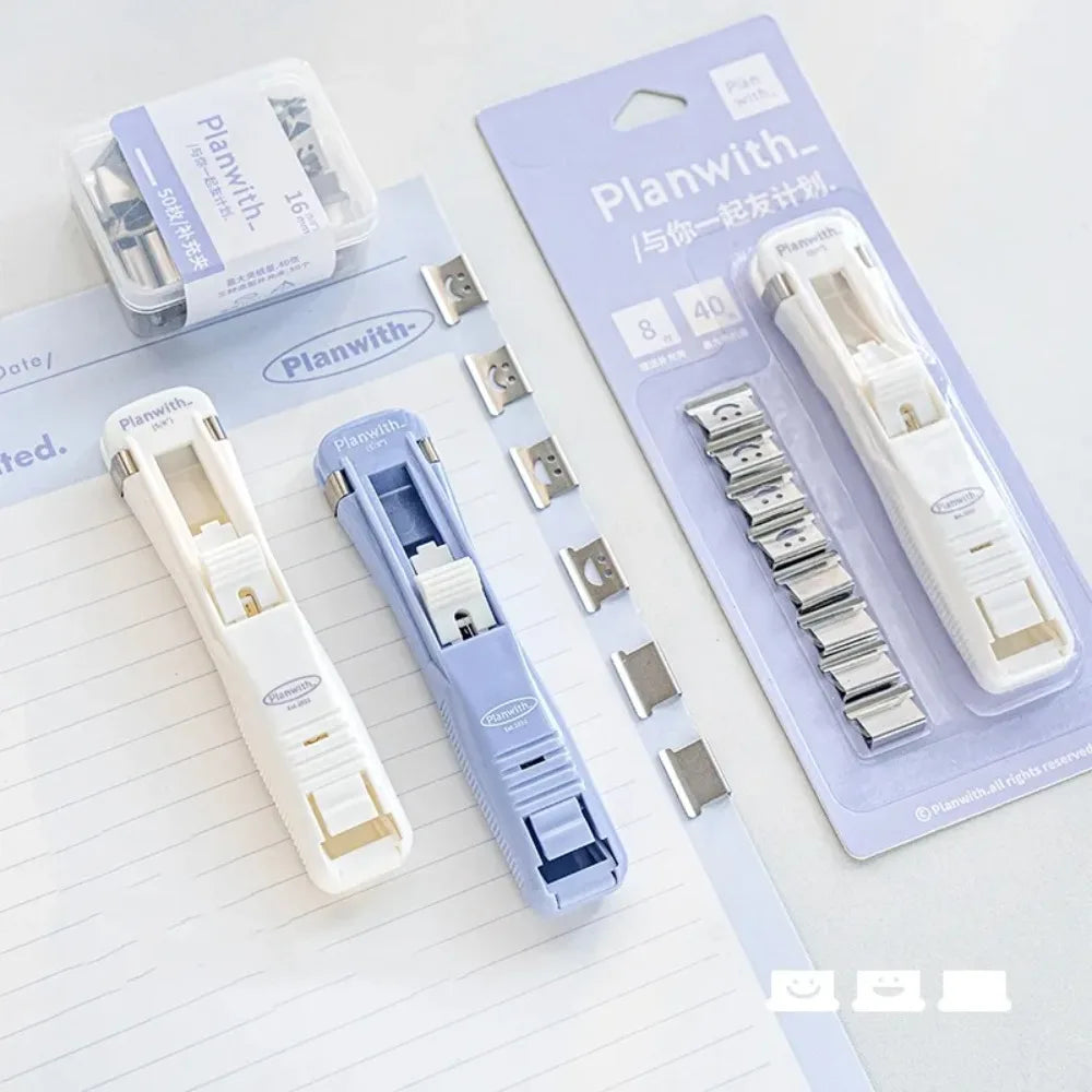 Smile Design Push Paper Clip New Plastics Mini Binder File Stapler Reusable Pusher Set School
