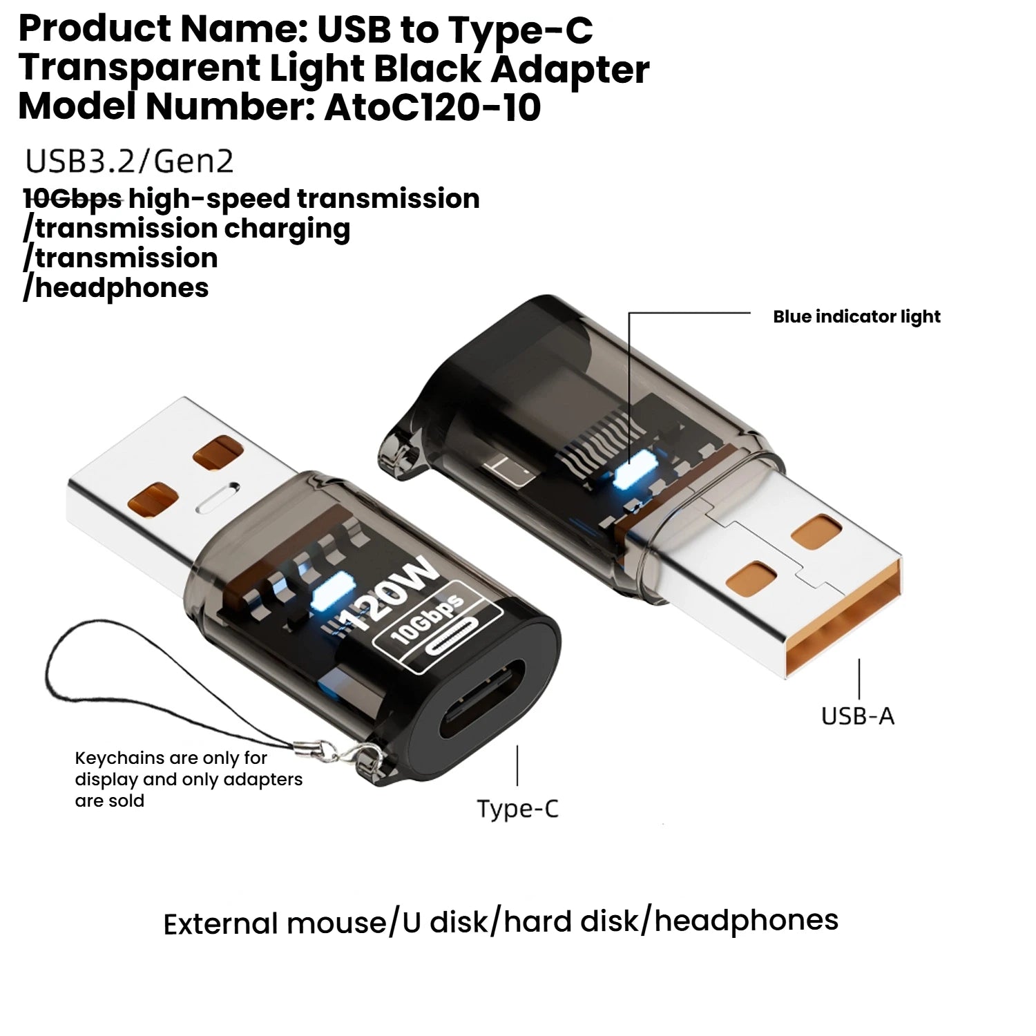 Type C Adapte USB 3.2  OTG Fast Charging 120W 10GB High Speed Data Audio Transfer For PC Tablet