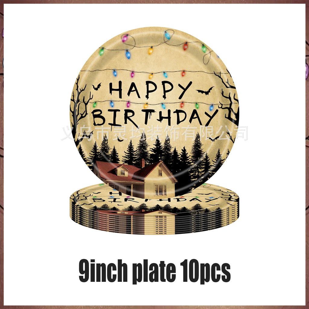 Stranger Theme Birthday Party Tableware Decoration American TV Paper Plate Napkin Banner Lights Alphabet Backdrops Kids Supplies
