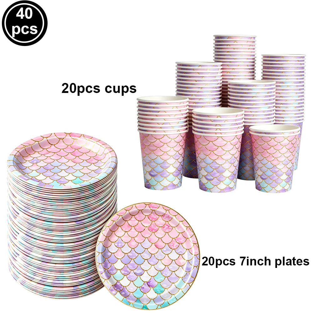 Mermaid Party Supplies Mermaid Scales Pattern Paper Plate Cup Napkin Popcorn Box Food Bowl Girl Birthday Party Baby Shower Decor