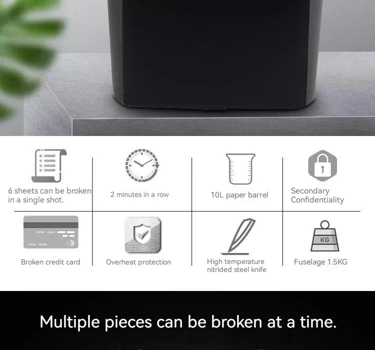 6 Sheets/time 10L Desktop Small Paper Shredder Office Household Electric Mini Shredder Filler Strip 6mm Strip Paper Cutter