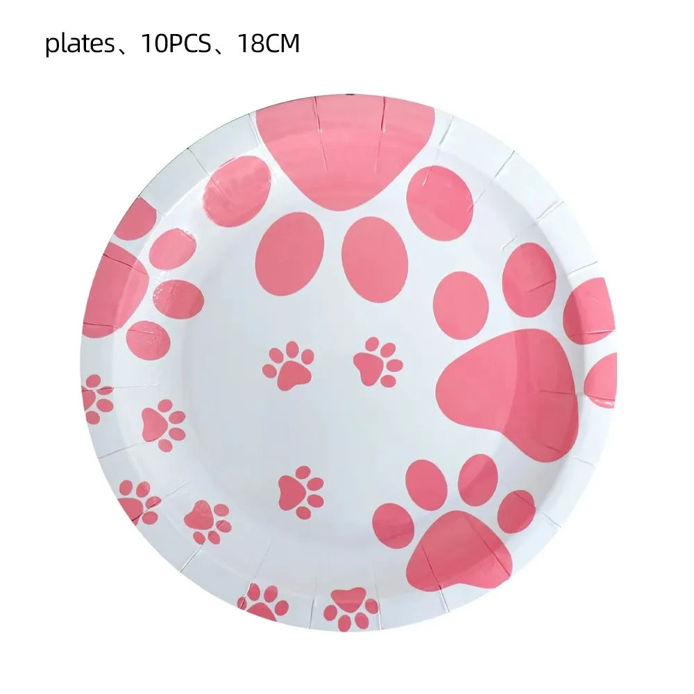 Pink Dog Paw Birthday Party Decor Disposable Tableware Gift Bag Backdrop Cake Topper Banner Plate for Kid Girl Party Supplie Set