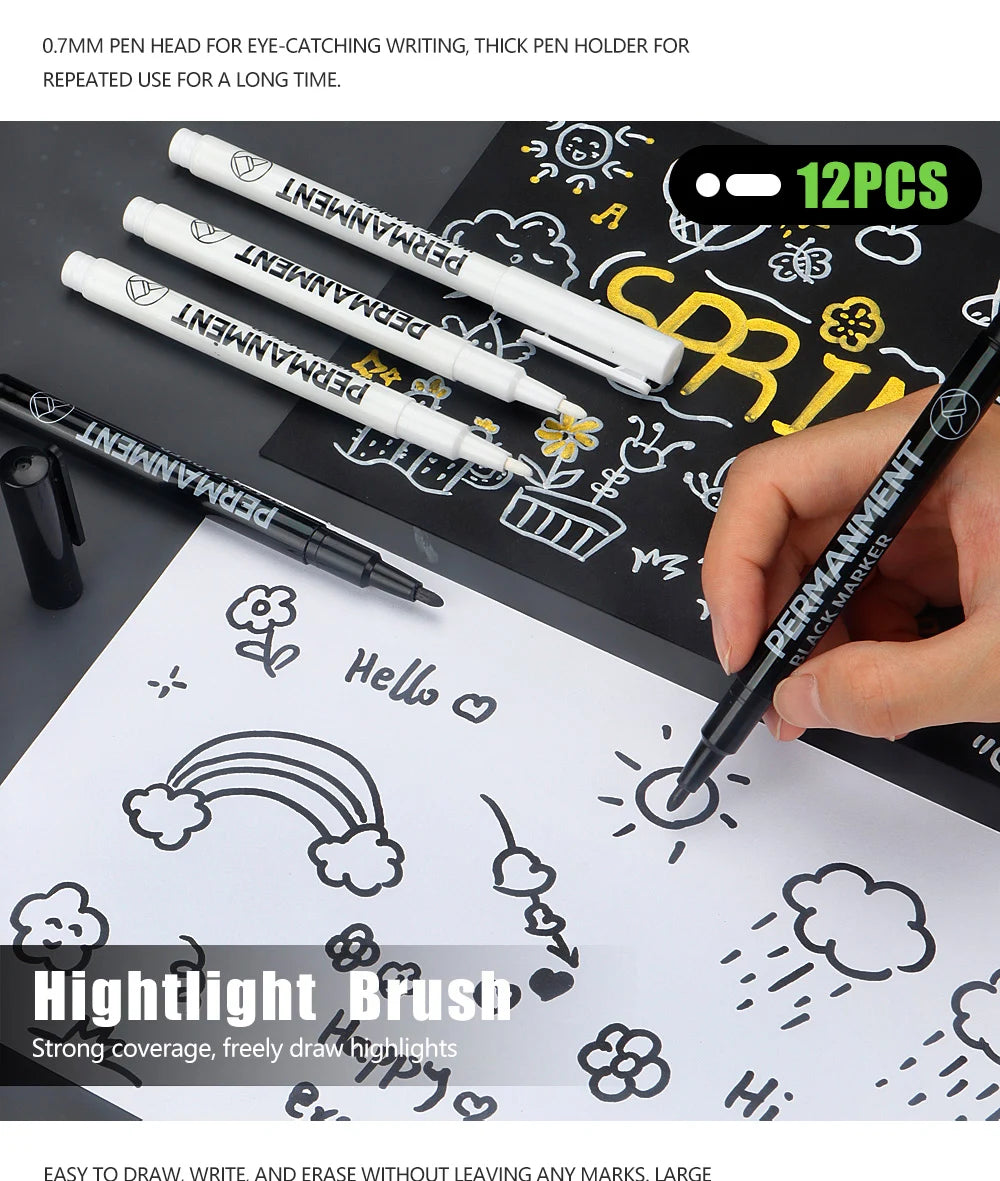 3/6/12 Pcs Waterproof Marker Pen White Black Inks  2mm Tip For Rock Painting Stone Ceramic Glass Wood Tire Fabric Metal Canvas