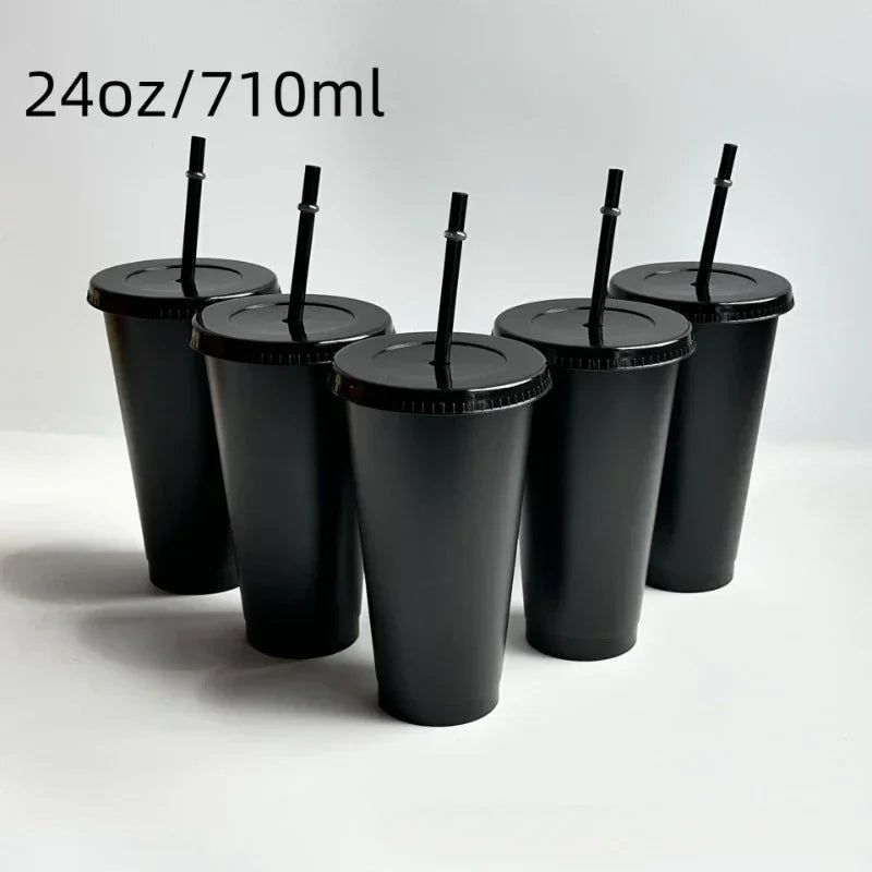 5pcs 24oz PP Colorful Straw Cup Large Capacity Milk Tea Cup for Iced Coffee Cold Drinks Travel Office Party