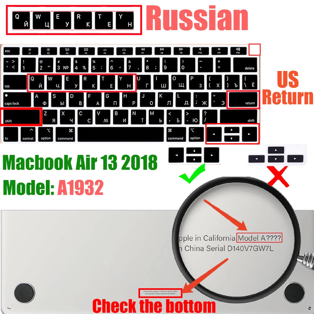 Russian Layout MacBook Pro Keyboard Cover 14" 16" M4 M3 M2 M1 Pro, MacBook Air 15" 13.6" M3 M2 Silicone Skin, US/EU Version