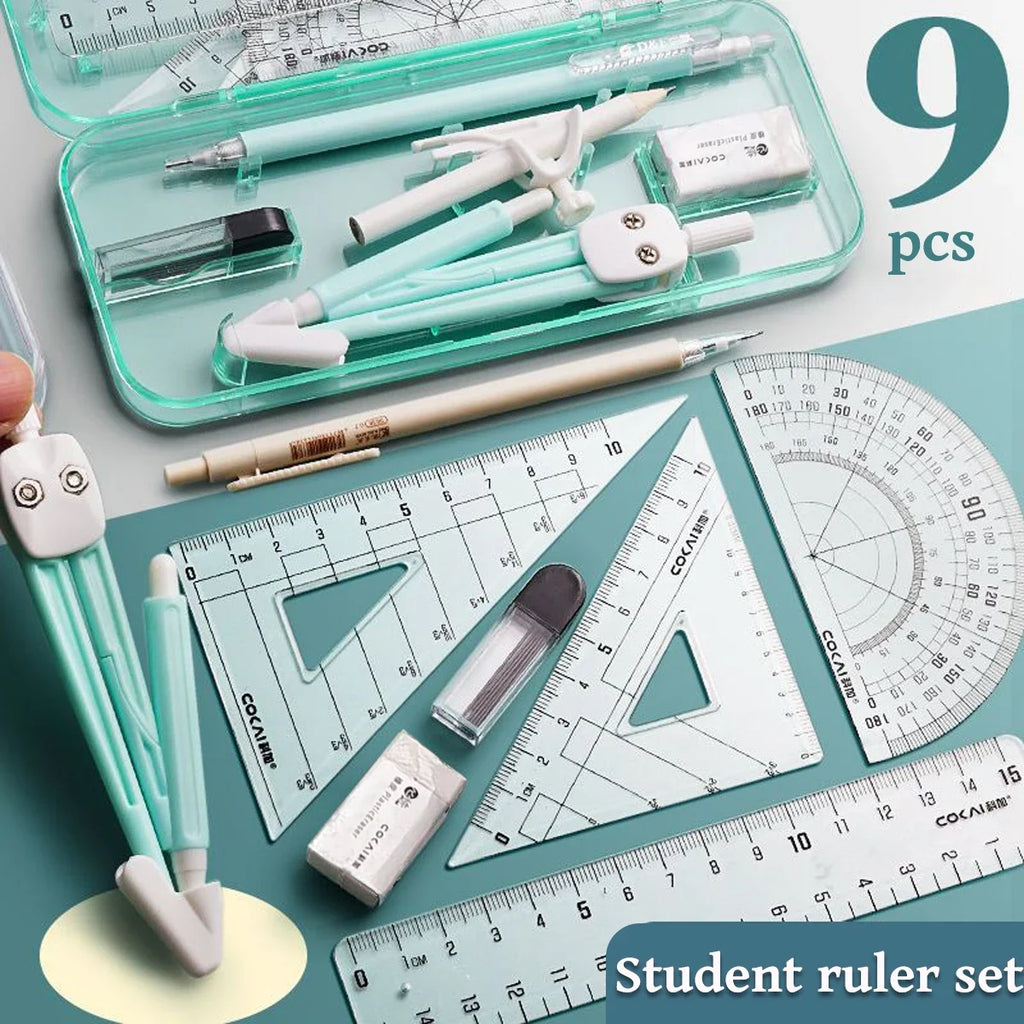 Kawaii 9pcs Ruler Set for Exams Geometry Compass Straight Edge & Protractor Portable Math Drawing Tools Stationery Supplies