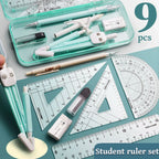 Kawaii 9pcs Ruler Set for Exams Geometry Compass Straight Edge & Protractor Portable Math Drawing Tools Stationery Supplies