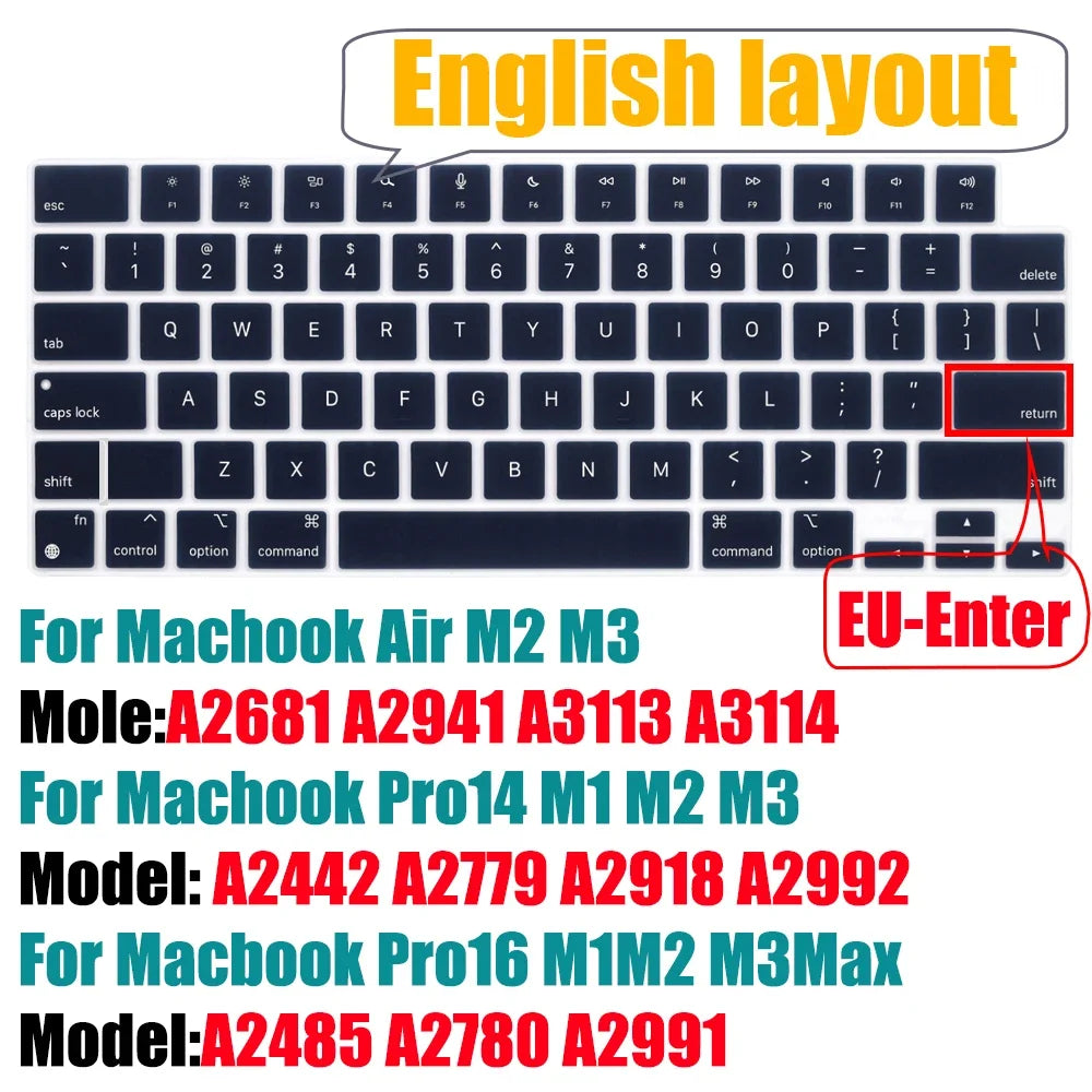 Keyboard Cover for 2022-2024 M4 M3/M2/M1Chip Pro 14"/16" A3401/A2992/A2779/A2991/A3403 MacBook Air 15.3"/13.6" A3113/A3114/A2941