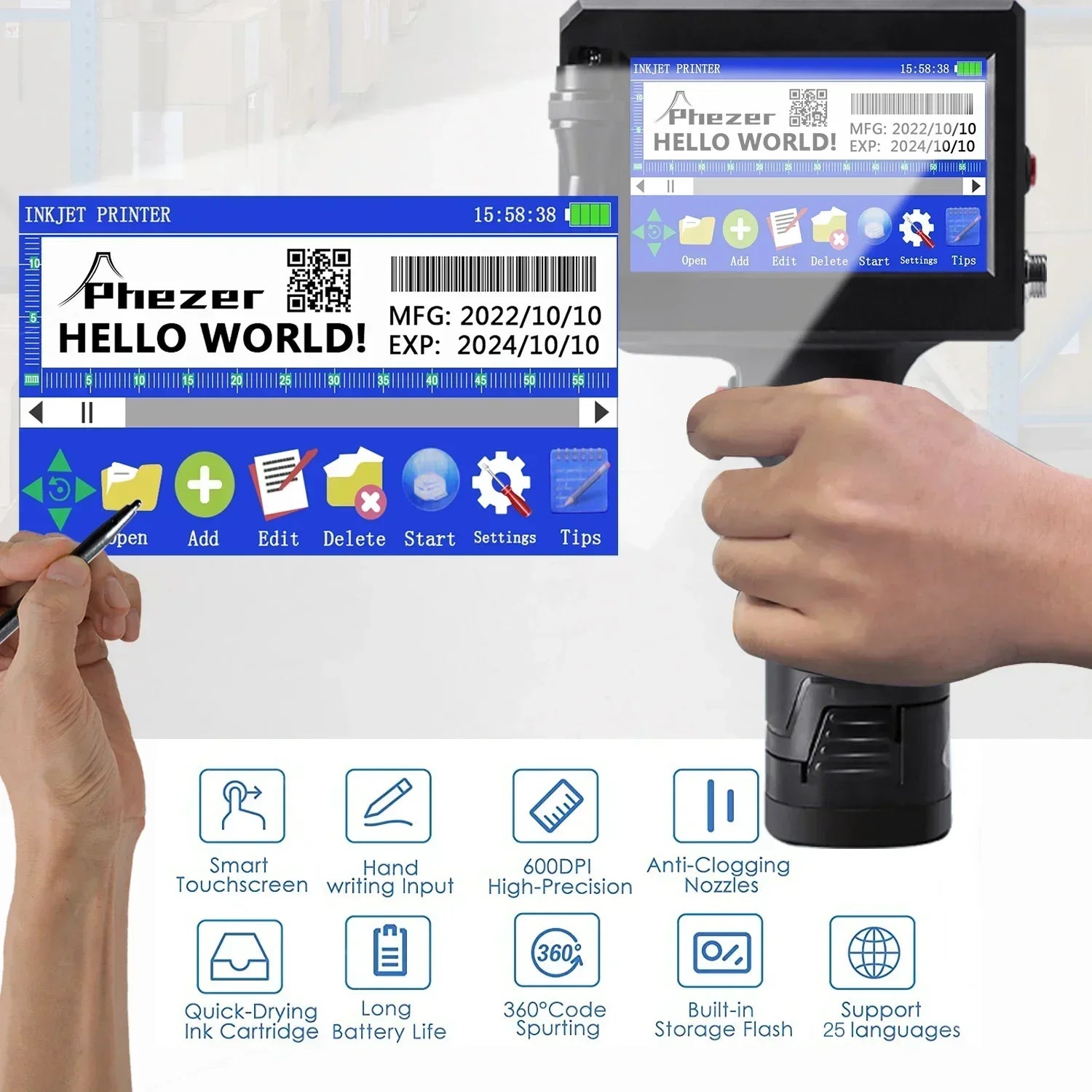 Phezer P15 Handheld Inkjet Printer 12.7/25.4mm Portable Label Printer Expiry Date Batch Code Logo QR Barcode 28 Languages