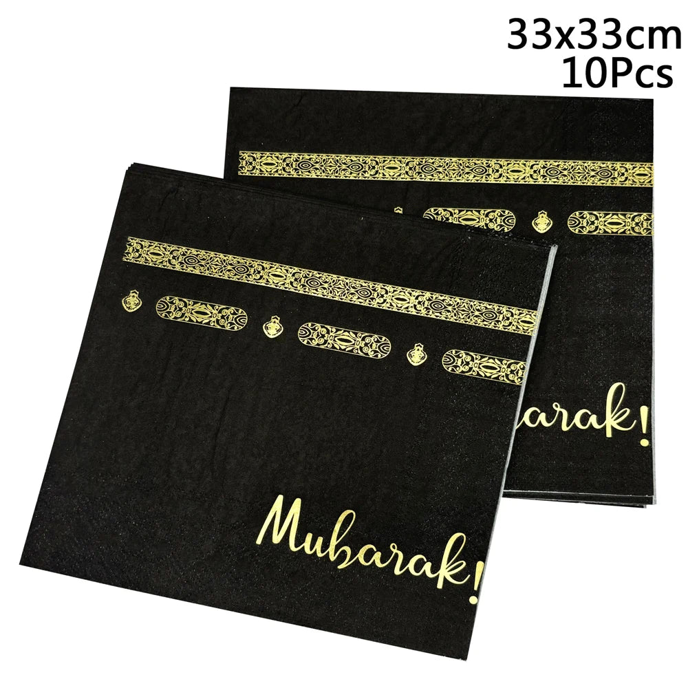 10Pcs Umrah Eid Mubarak Ramadan Party Disposable Tableware Kaaba Paper Plates Cups Napkin Muslim Islamic Eid Al-Fitr Decoration