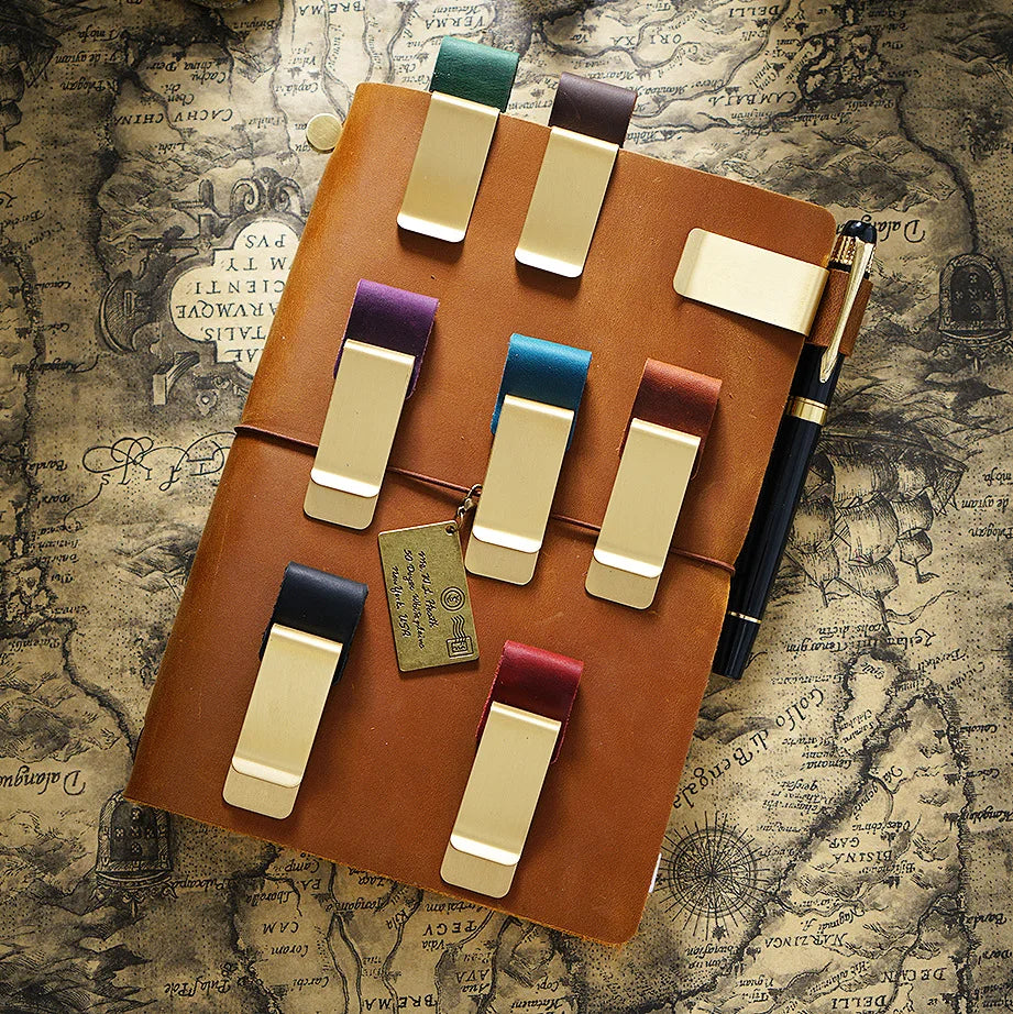 Brass Leather Pen Clip Stainless Steel Cowhide for Traveler's Notebook - Genunine Leather & Metal Notebook Accessory