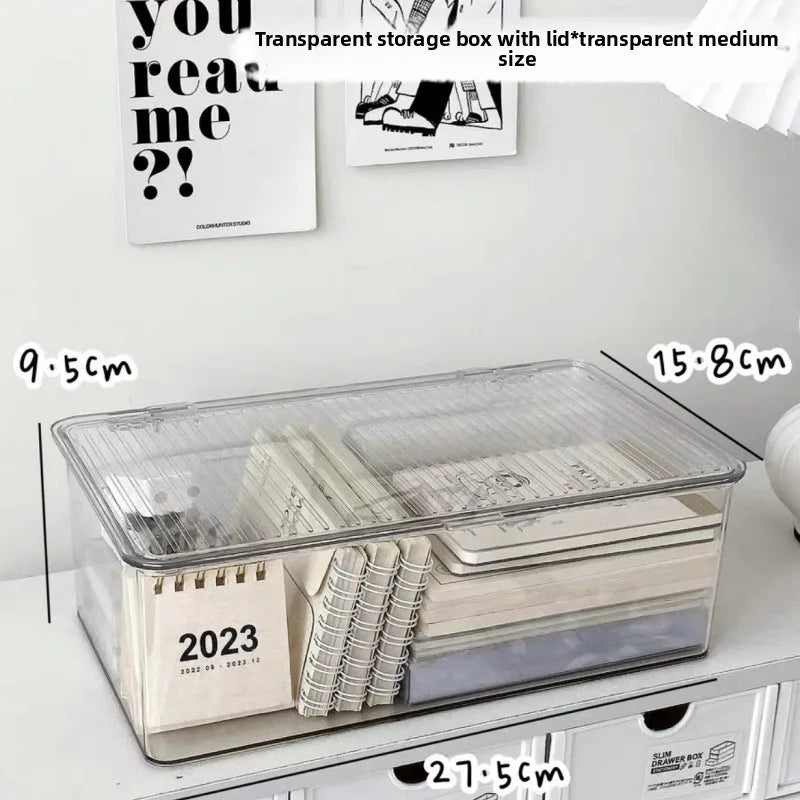 Desktop Storage Box Large Capacity with Lid Cosmetic Organizer Box Transparent Office Supplies Book Document Storage Box