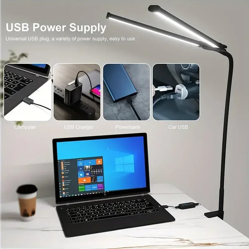 Double Head Desk Lamp Clip-on LED 3 Modes Brightness Adjustable USB Adapter Suitable for Reading Studying Piano Monitors Office