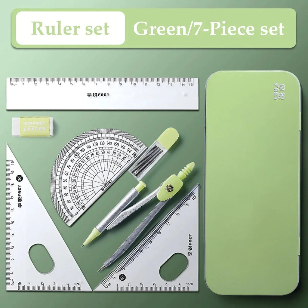 7-Pieces Plastic Geometry Drafting Kit for Students/Artists Lightweight PVC Drawing Tools with Ruler Protractor Office Supplies