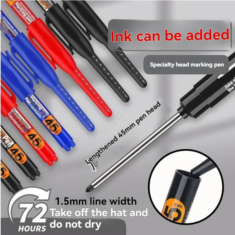 1-12 PCS 45mm Tip Waterproof Long Head Marker Pen Quick-Dry Ink for Woodworking Construction, Deep Hole White Black Red Blue