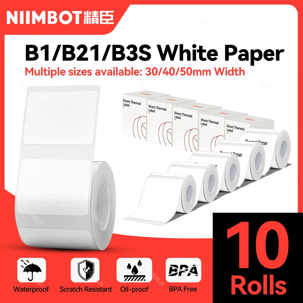 3/5/10 Rolls NiiMbot B21 B1 Label Printer Paper Roll Waterproof Anti-Oil Tear-Resistant Price Tag Pure White Sticker Papers