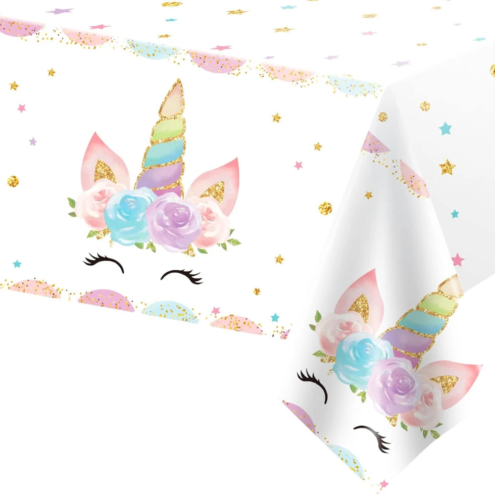 Magical Unicorn Tablecloth 54x108''-Disposable Waterproof Plastic for Girls Birthday&Baby Sprinkle | Glitter Rainbow Party Decor
