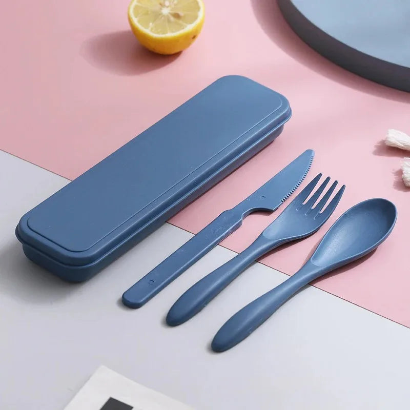 Portable Wheat Straw Dinnerware Set Reusable Knife Fork Spoon Travel Utensil Box 3In1 Tableware Kit For Tableware School Office