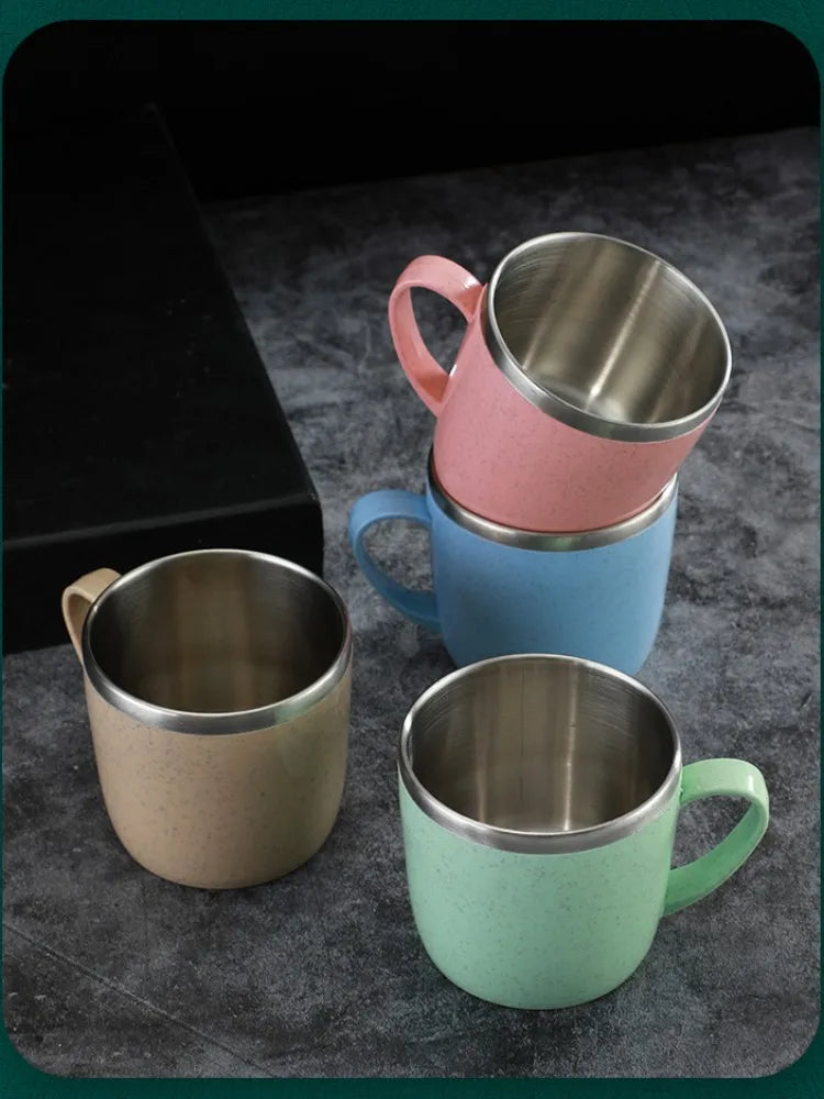 Double Layer Anti-scalding Stainless Steel Cups Plastic Handle Coffee Milk Mug Tea Drinks Water Cup for Home Office Tumbler