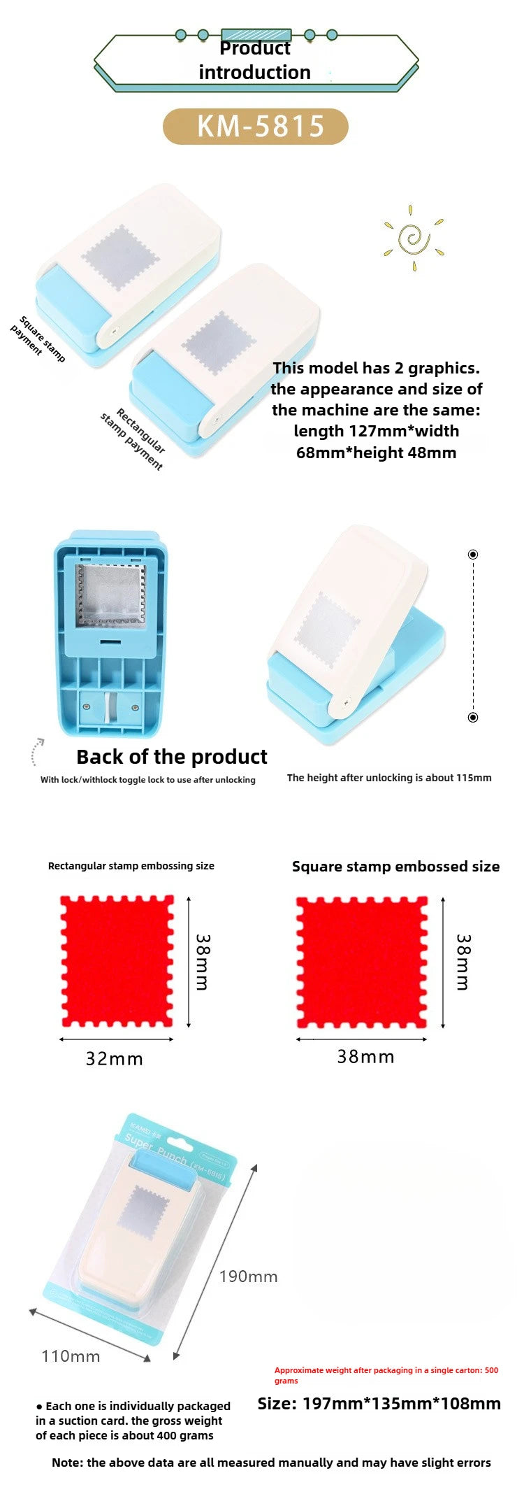 Extra Large 3.8*3.8cm Square Stamps and 3.8*3.2cm Rectangular Stamps DIY Handmade Punch Tool Effortless Stamp Embossing Machine