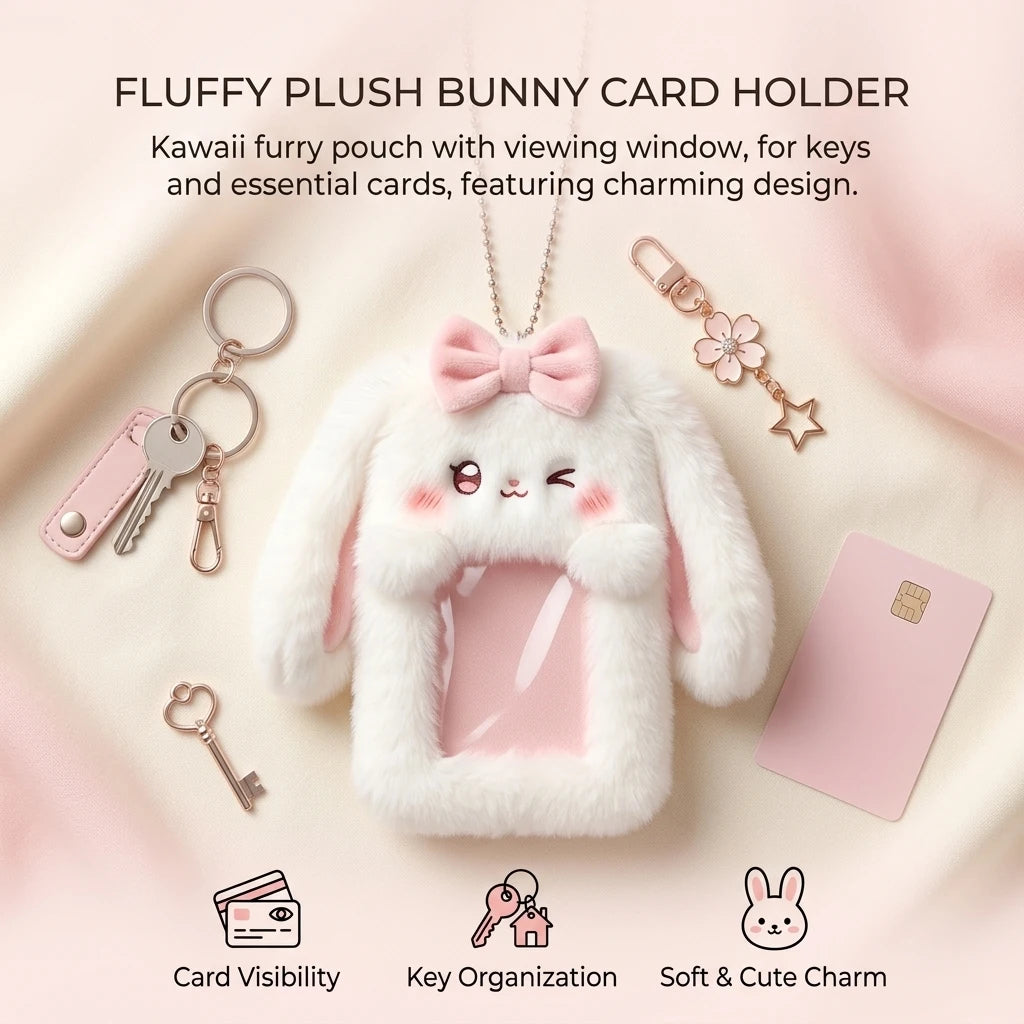 Cute Bunny Plush Photo Holder Student ID Card Holder Rabbit with Bowknot Design Photo Album Photo Protector Cover Gift for