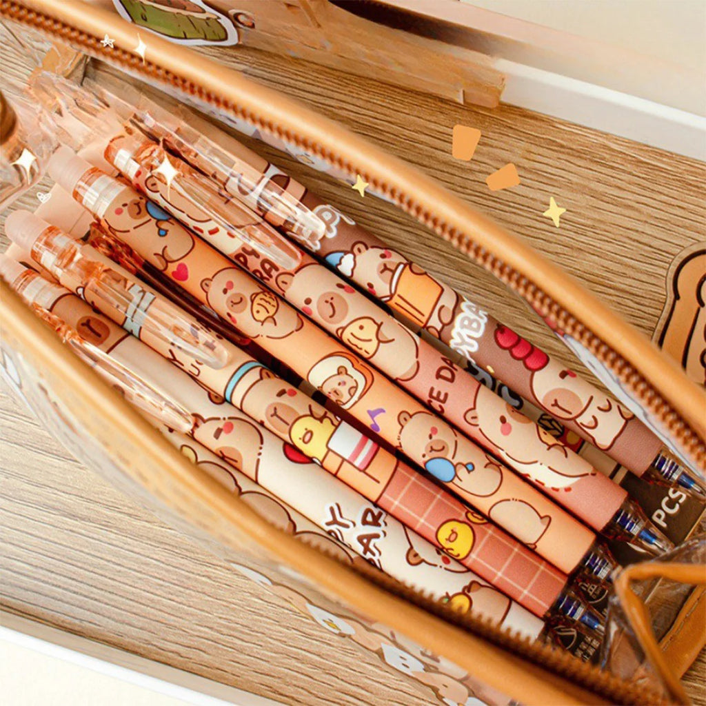 Capybara Erasable Pens 6pcs Refillable Ink Gel Pen Smudge-Free Cute Animal School Supplies for Students Office Stationery Gifts