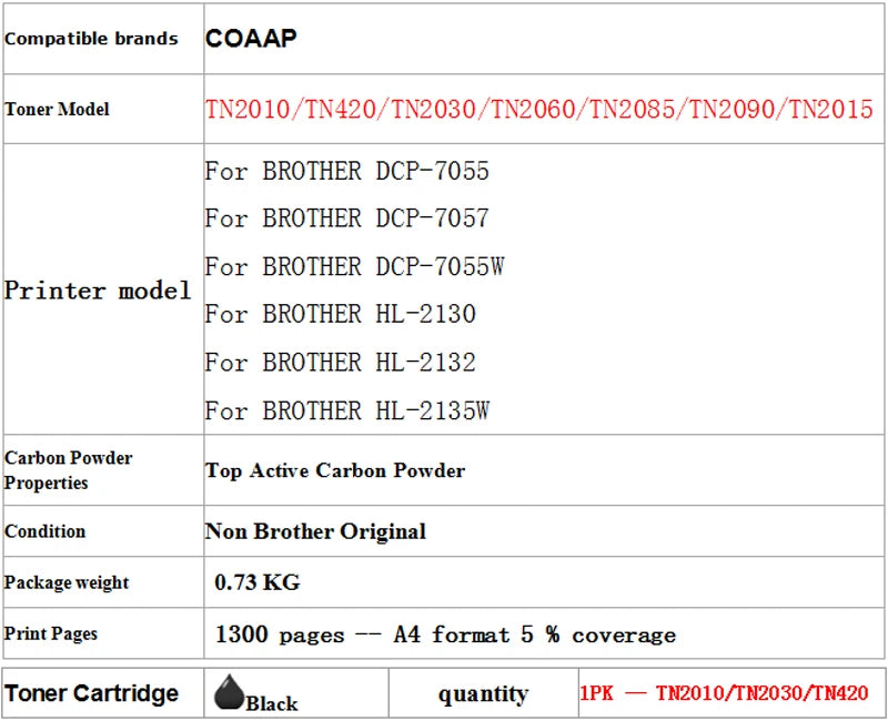 1 Compatible TN 2010 Toner Cartridge For Brother TN2010 DCP-7055 DCP-7055W DCP-7057 HL-2130 HL-2132 HL-2135W Printer