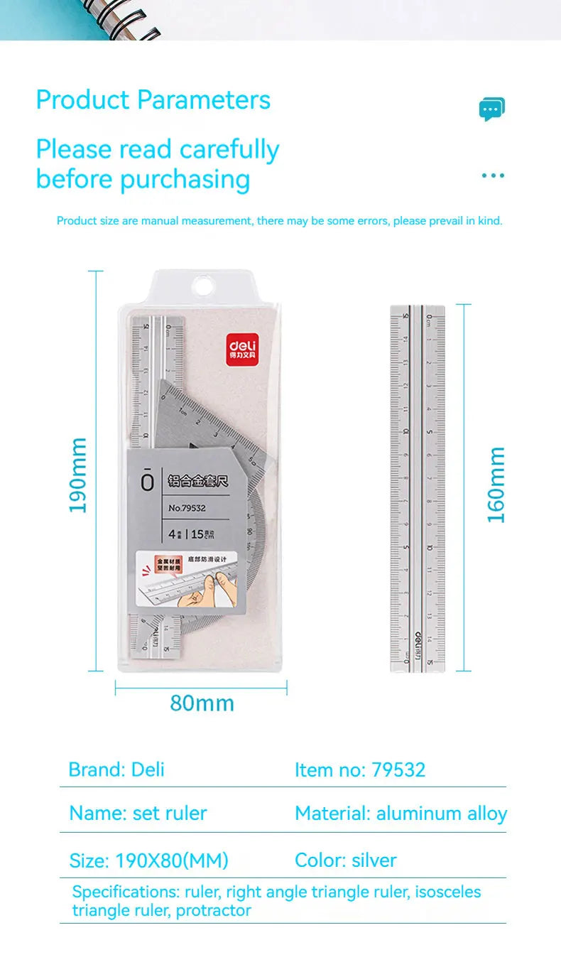 Deli 4Pcs Student Stationery Set Triangle Ruler Straight Ruler Grid Ruler Angle Measuring Tool Aluminum Alloy Material