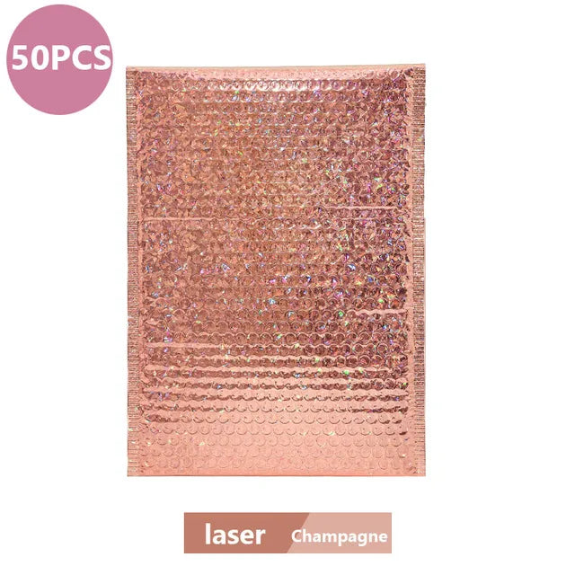 50Pcs Holographic Bubble Mailer Rose Red Mailing Envelope Waterproof Courier Bag Padded Bubble Envelopes Pack Bag for Shipping
