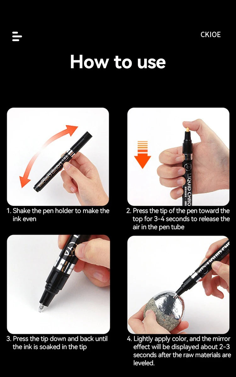 1-6pcs Chrome Pen Marker Mirror Waterproof DIY Reflective Paint Repair for Rock Ceramic Glass Metallic Gold/Silver 0.8/1/2mm Nib