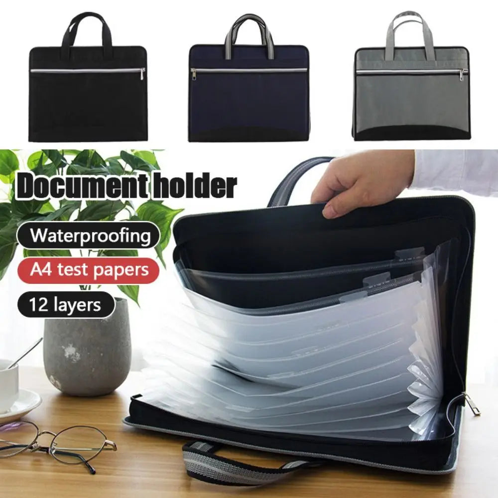 Versatile Canvas A4 Documents File Bag Large Capacity Double Zipper Accordion Folder 12-Layer Business Briefcase