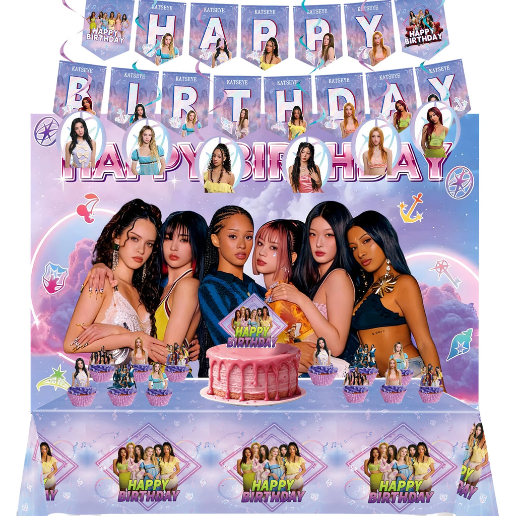 Katseye Girl Birthday Party Theme Decoration Cup Plate Banner Backdrop Gift Bag Tablecloth For Gift Baby Shower Supplies