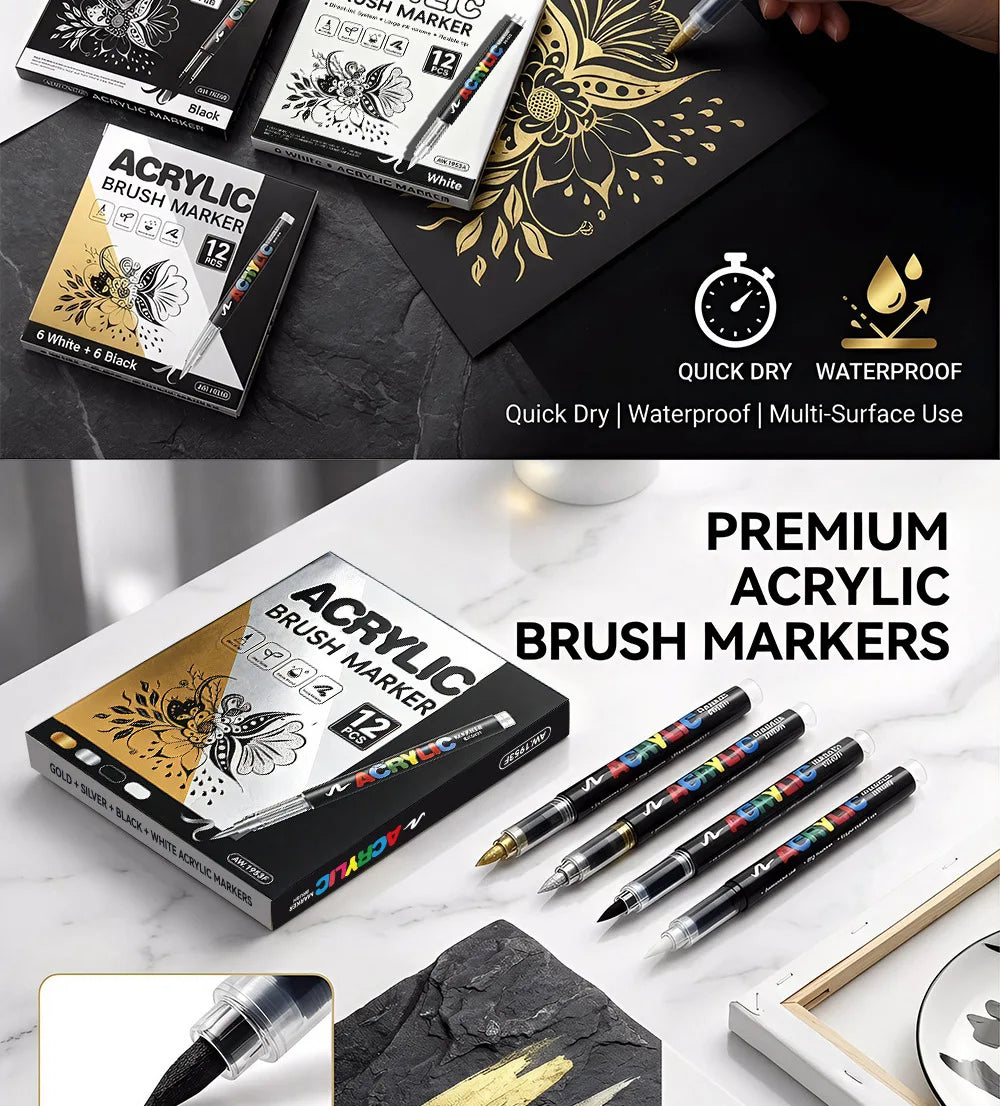 12 Pcs Black and White/Gold and Silver Acrylic Paint Markers Set, Large Ink Capacity, Skin Color Brush Markers Pen Art Supplies