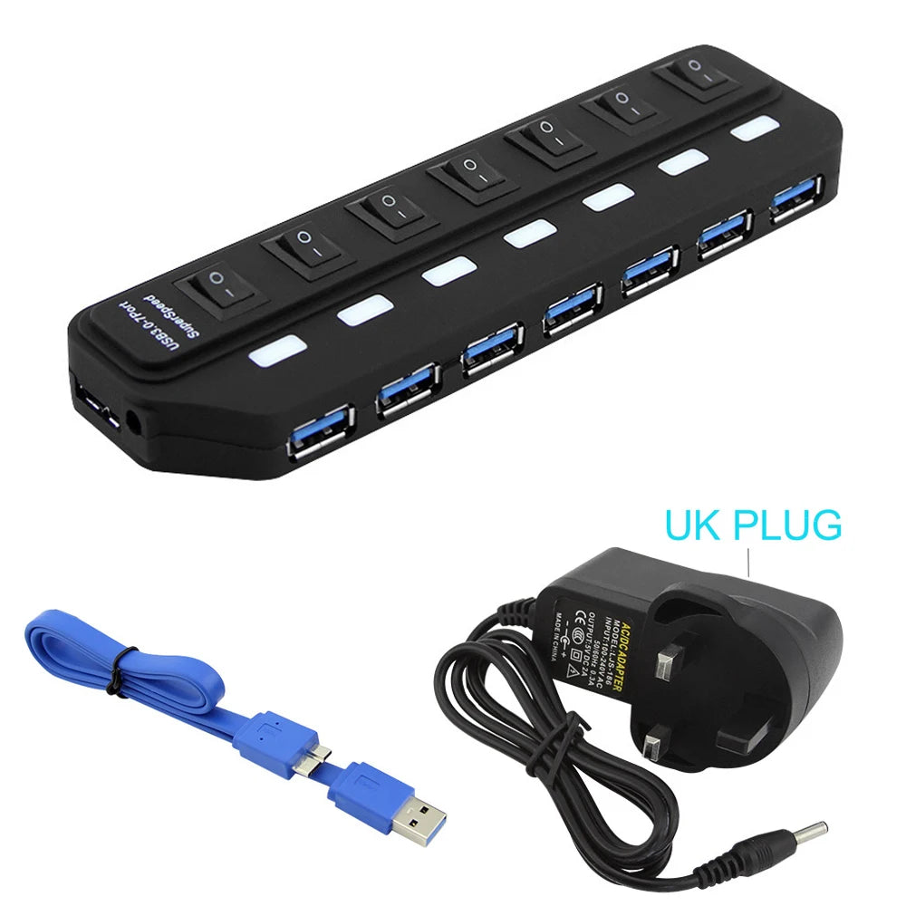 USB 3.0 HUB Multi USB Splitter 4/7 Port Expander High Speed USB 3.0 Hab with Power Adapter USB 3.0 Hub with Switch for Laptop PC