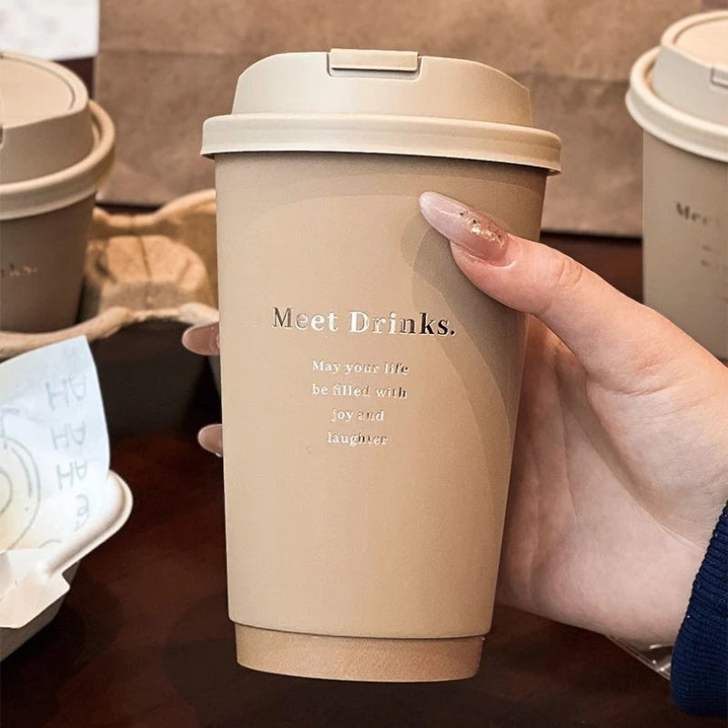 50 Sets Disposable Paper Cups with Lid Commercial Eco Friendly Hot Cold Drinks Universal Container Brown Letter Print Coffee Cup