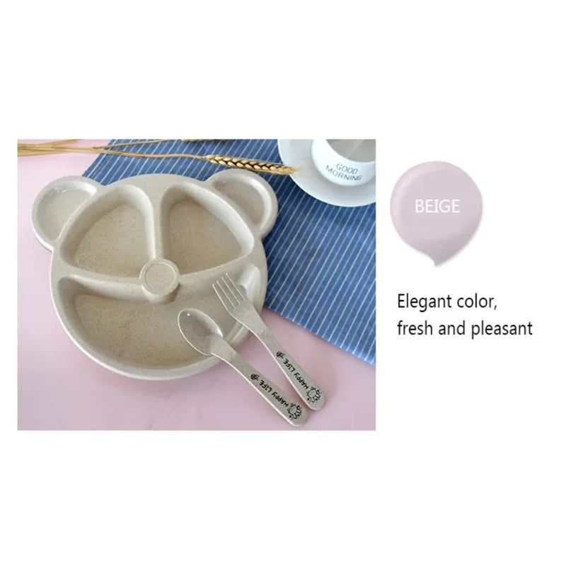 3Pcs/set Wheat Straw Baby Dishes Cartoon Tableware Set Kids Dinner Platos Baby Feeding Plate Training Bowl Spoon Fork Tableware