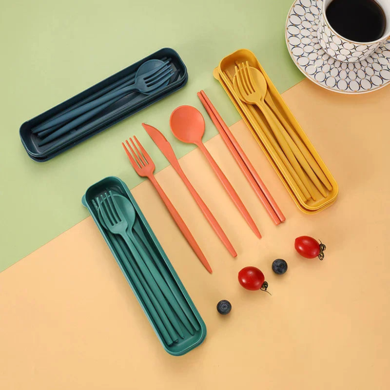 Eco-Friendly Wheat Straw Cutlery Reusable Chopstick Fork Knife Spoon Tableware Set 4Pcs/Set Portable Utensils With Box Healthy