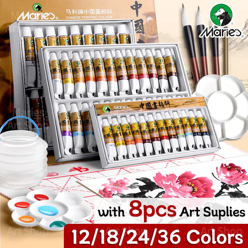 Marie's Chinese Paint Pigment Set,12/18/24/36 Colors 5ml/0.17oz Sumi Watercolor with 8pcs Art Tools for Landscape,Ink,Writing
