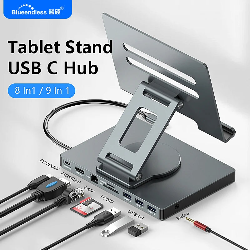 Blueendless Ipad Stand USB C Hub 4K 60HZ HD Type-C 100W PD SD/TF Slot Reader USB 3.0 5Gbps 9 In 1 Type-C Hub Ipad Holder