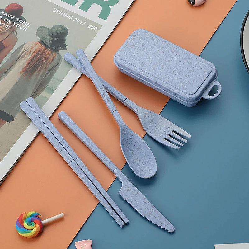 Portable Wheat Straw Fork Cutlery Set Foldable Folding Chopsticks Cutlery Set With Box Travel Kitchen Accessories