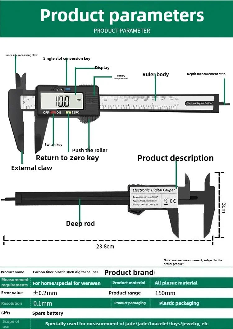 100/150mm Digital Caliper Vernier Caliper Gauge Measuring Tool for Carpentry Tools with Carbon Fiber Dial and Electronic Ruler