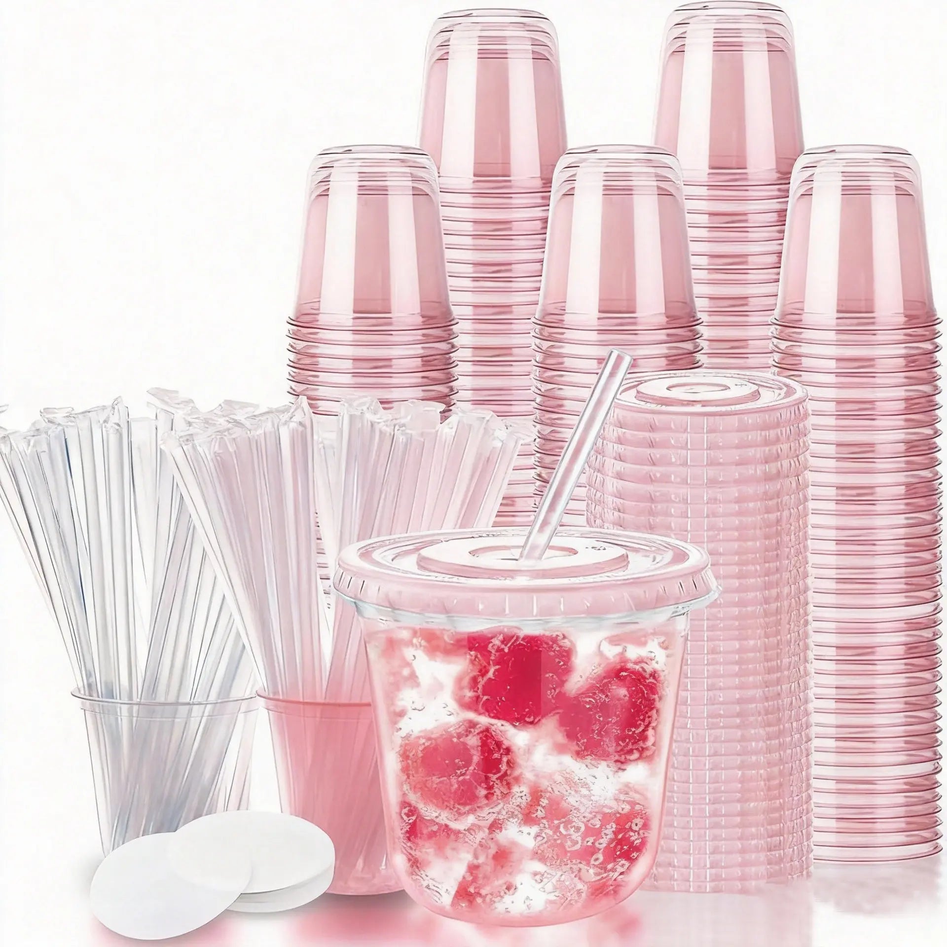 Disposable Cold Drink Cup Plastic Wine Glass Birthday Cocktail Party 12oz Pink PET Thicken U-shaped Single-Use Cups 50pcs