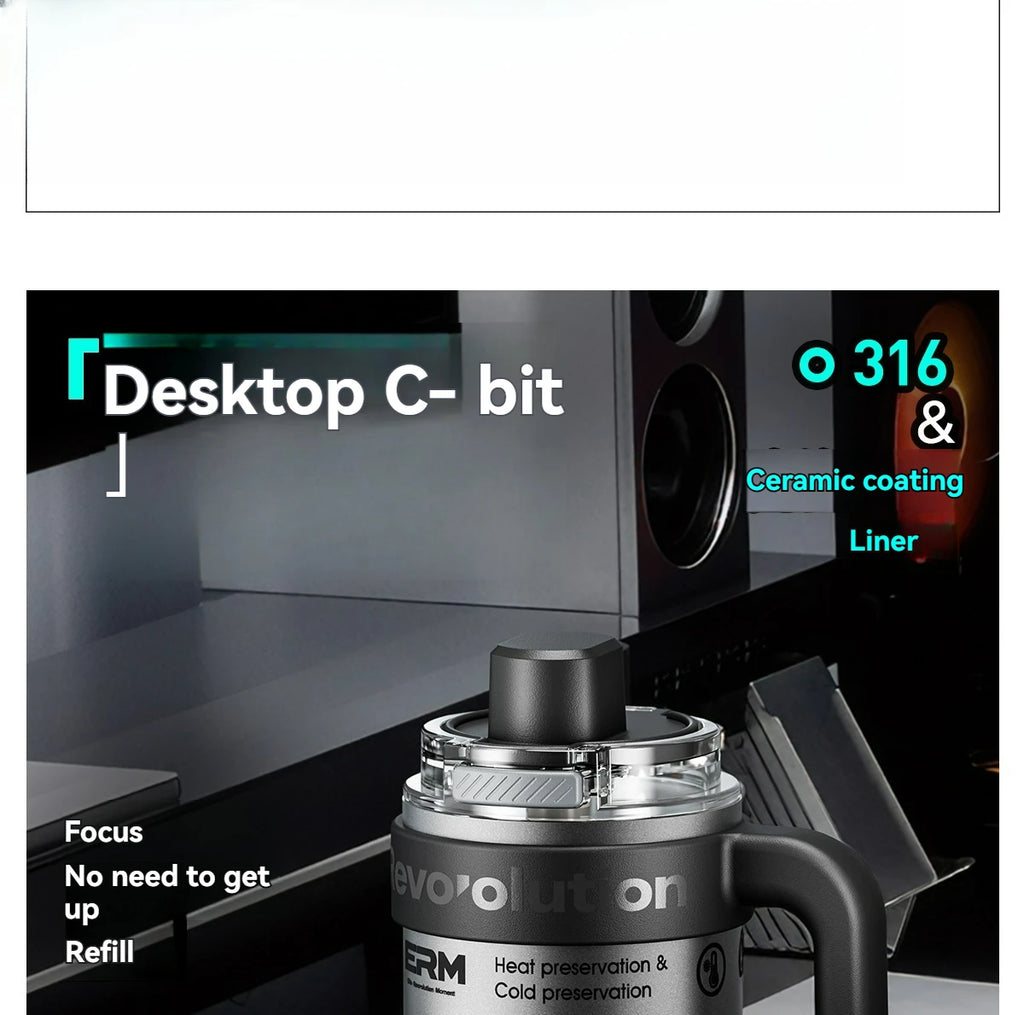 1200ML Extra Large Ceramic Tumbler Drinkware Stainless Steel Water Bottle Insulated Vacuum Flask Straw & Handle Leakproof