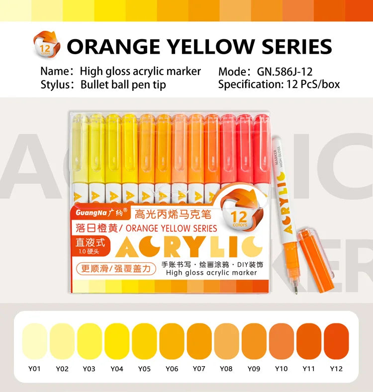 GuangNa 168/12 Colors High Gloss Acrylic Marker Pen Set,Hard Headed Drawing Pens,DIY Graffiti Paint Pen Stationery,GN.586