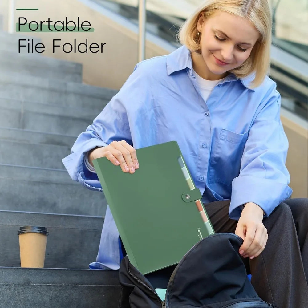 8 Pocket Expanding Accordion File Organizer | Letter Size Dark Green Folder | Portable Document Storage With Classification Labels