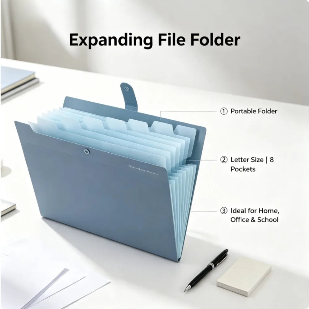 Waterproof Tearproof PP Material | Blue 8-Pocket Accordion File Organizer | Portable Letter Size Folder With Label Tags For Bills And Notes